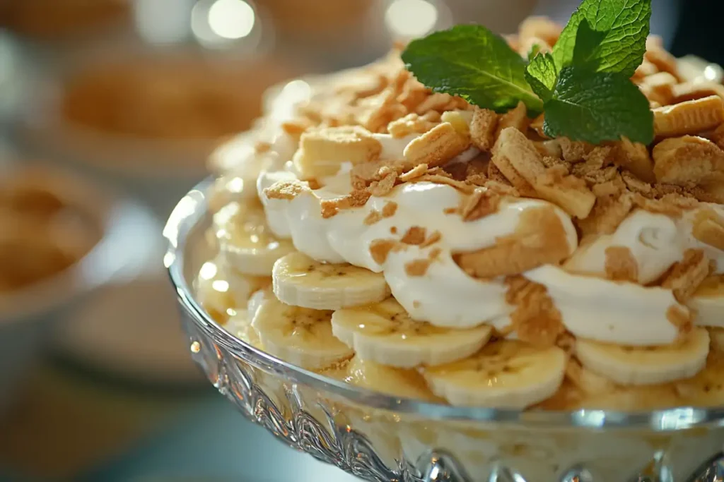 Layered banana pudding with vanilla wafers and sliced bananas in a glass dish.