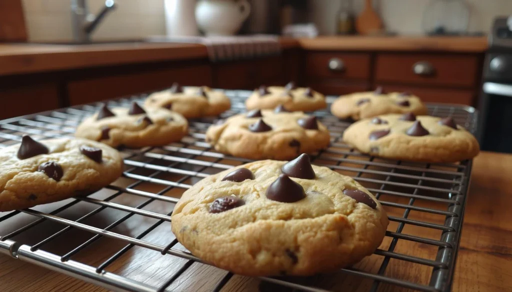 Freshly baked chocolate chip cookies cooling on a wire rack in a cozy kitchen.