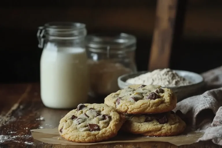 Freshly baked Toll House cookies on a rustic table