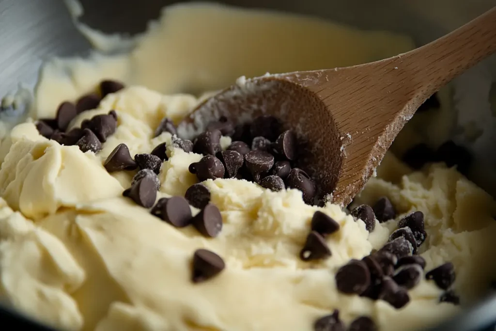 Mixing Toll House cookie dough with butter and chocolate chips