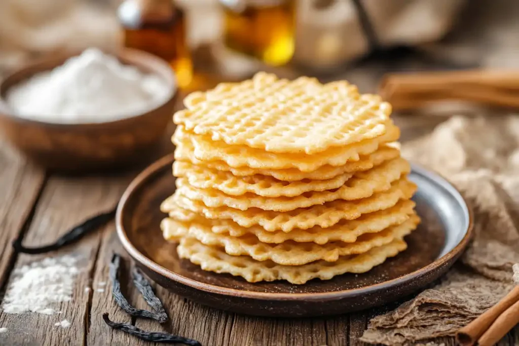 A plate of golden vanilla wafers on a rustic wooden table.