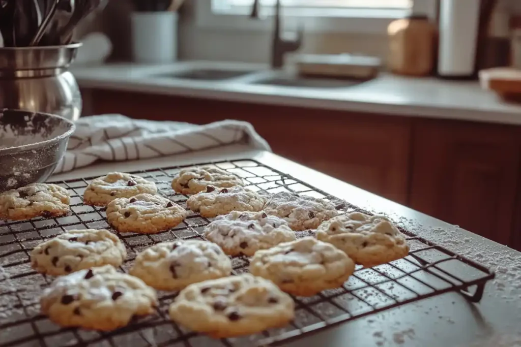 Freshly baked Toll House cookies cooling on a wire rack