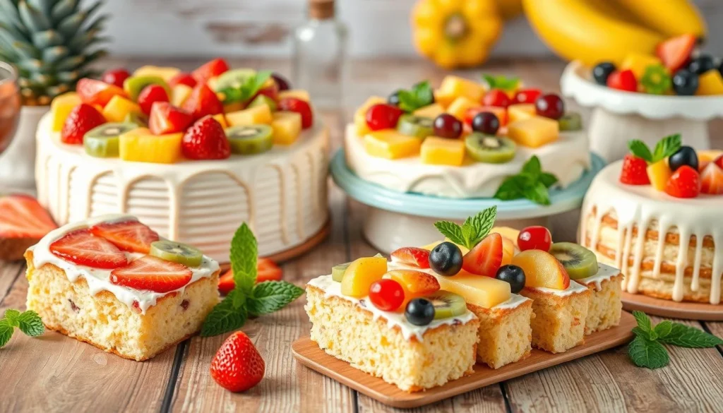 A display of assorted fruit cocktail cakes topped with fresh fruits like strawberries, kiwi, and grapes, served on wooden boards and cake stands.