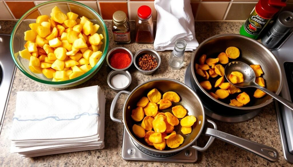 A heavy-bottomed pot, thermometer, and frying basket arranged next to golden crispy spicy chips on a countertop.