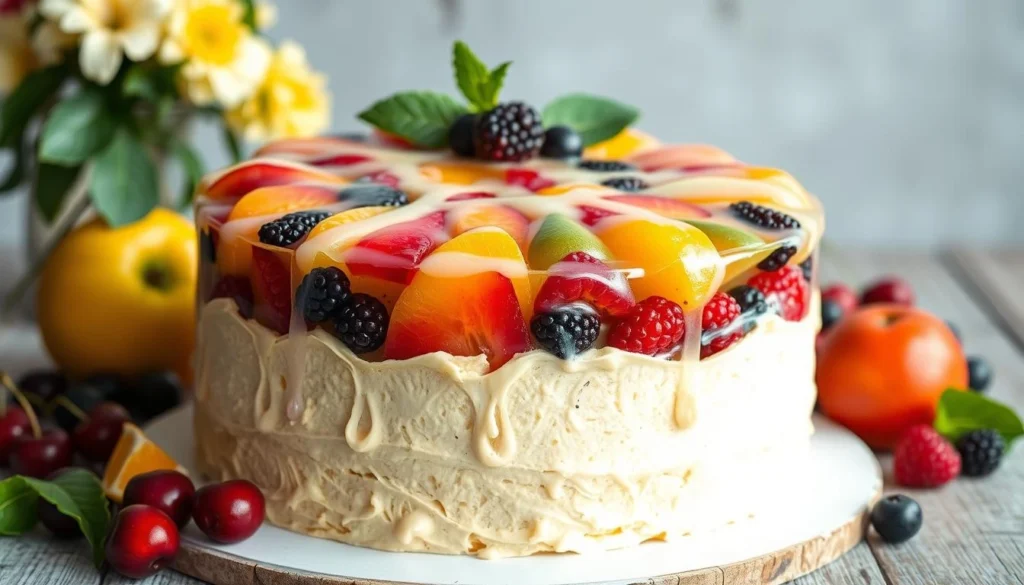 A fruit cocktail cake topped with a medley of fresh fruits like blackberries, peaches, and cherries, drizzled with a light glaze.