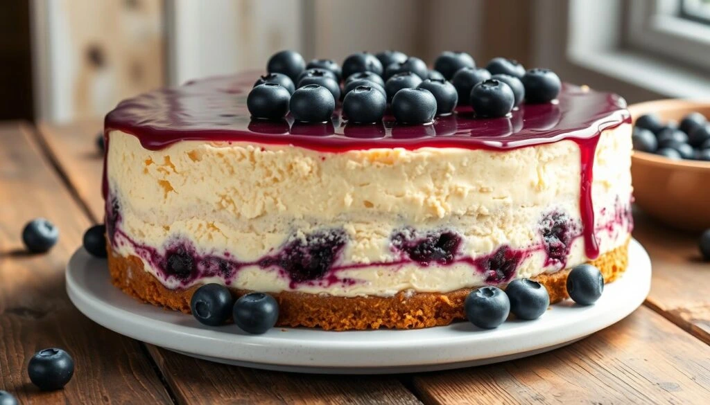 A full blueberry cheesecake cake on a white cake stand, with a graham cracker crust, creamy layers, and a glossy blueberry topping.