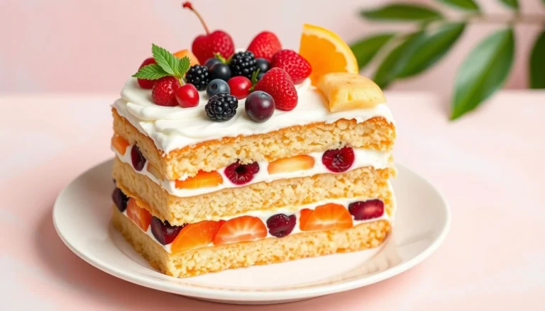 A layered fruit cocktail cake with whipped cream, berries, orange slices, and cherries, beautifully served on a white plate.