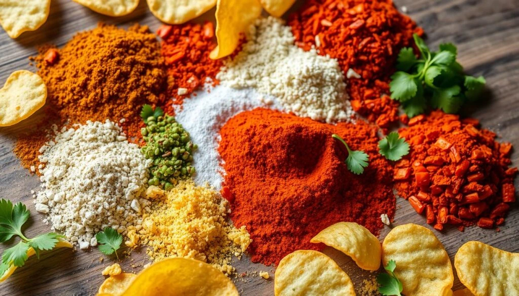 A vibrant display of spices for spicy chips, including paprika, chili powder, garlic powder, and crushed chili flakes, surrounded by fresh parsley and potato chips.