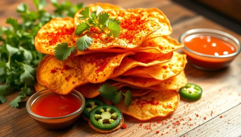 A stack of freshly made spicy chips seasoned with paprika and garnished with cilantro, served with spicy jalapeño slices and dipping sauces.