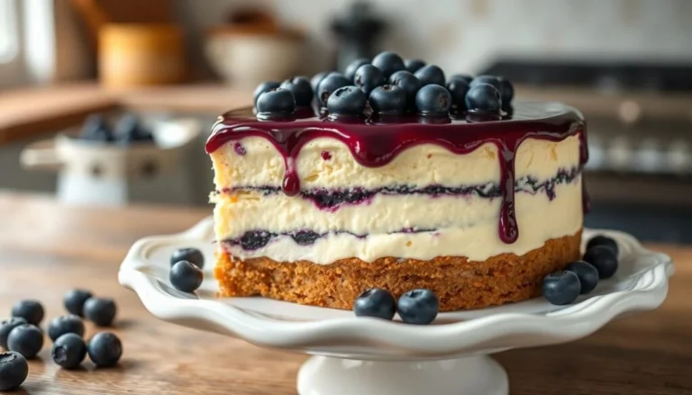 A blueberry cheesecake cake with creamy layers, fresh blueberries, and a vibrant blueberry sauce, displayed on a wooden table.