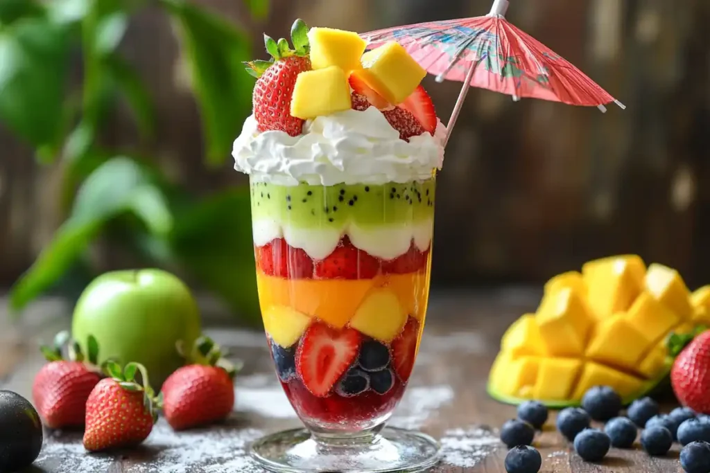 A layered fruit cocktail in a tall glass featuring strawberries, kiwis, mangoes, and whipped cream, topped with a decorative umbrella.