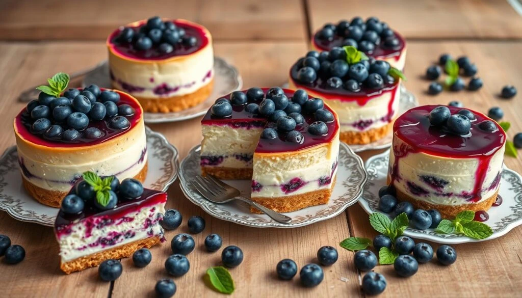 Mini blueberry cheesecake cakes topped with fresh blueberries and a glossy blueberry sauce, displayed on ornate plates.