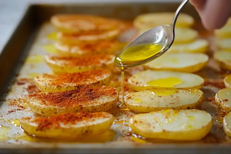 Slices of potatoes on a baking tray being drizzled with olive oil and sprinkled with paprika seasoning for homemade spicy chips.