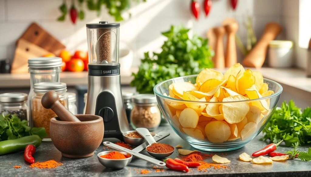 Shakers, sprayers, and brushes arranged alongside bowls of paprika, chili powder, and cayenne for seasoning homemade spicy chips.