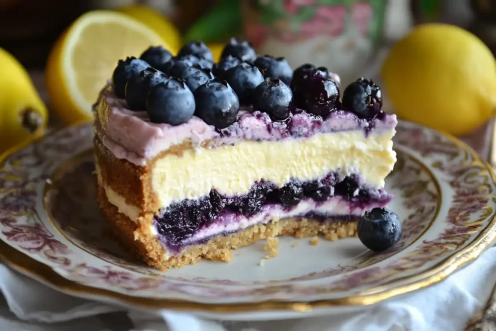 A close-up of a sliced blueberry lemon cheesecake showcasing creamy layers, fresh blueberries, and a graham cracker crust.