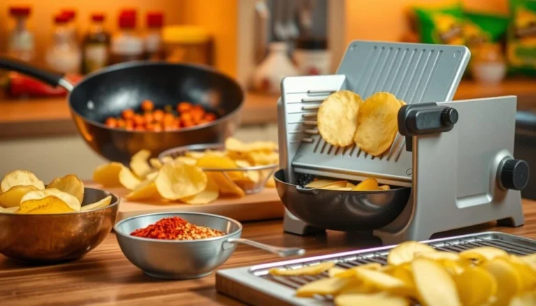 Essential slicing tools like a mandoline, knife, and food processor, displayed on a kitchen countertop with potato slices.