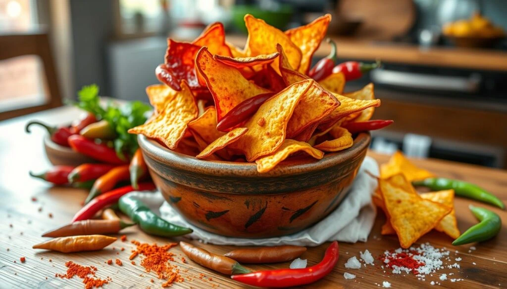 A bowl of crispy spicy tortilla chips surrounded by fresh red and green chili peppers, garnished with sea salt and paprika.