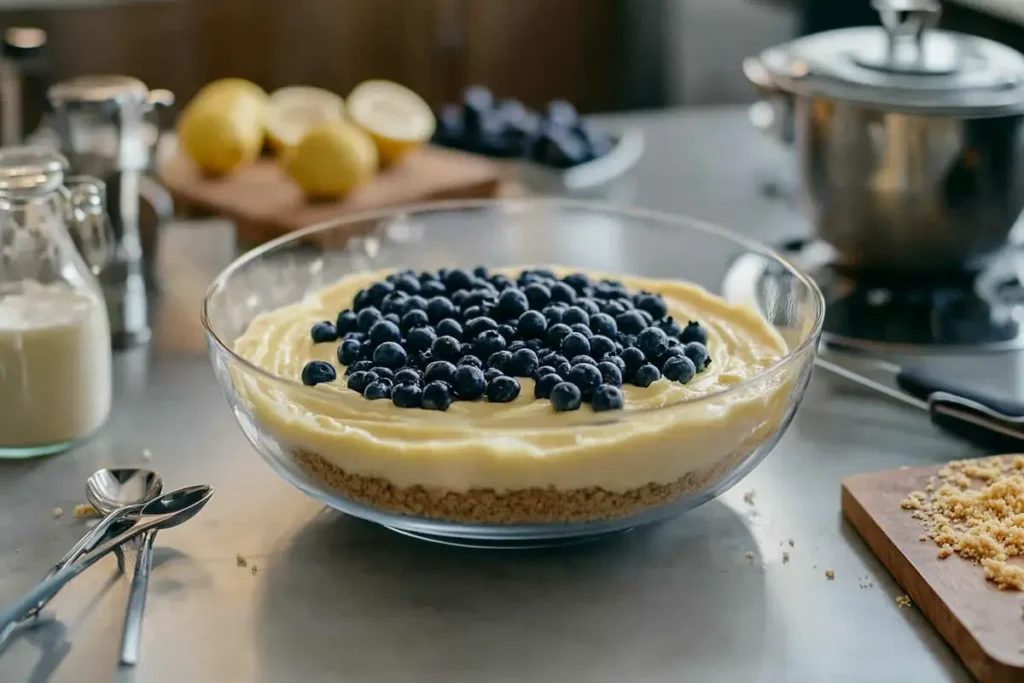 A step-by-step view of blueberry lemon cheesecake preparation with a creamy filling, graham cracker crust, and fresh blueberries in a glass dish.