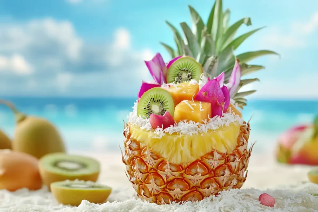 A tropical-themed fruit cocktail served in a hollowed-out pineapple with kiwi slices, dragon fruit, and shredded coconut on a sandy beach backdrop.