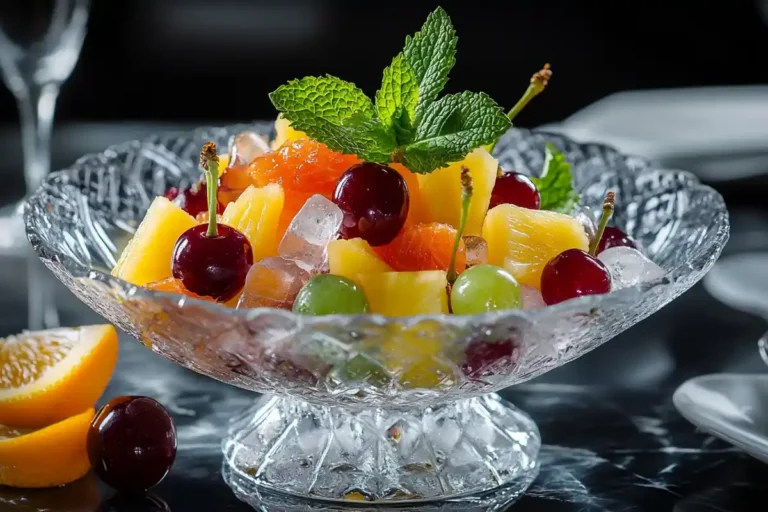 A vibrant bowl of fruit cocktail featuring colorful fruits like cherries, pineapple, and grapes in a crystal dish with a mint garnish.