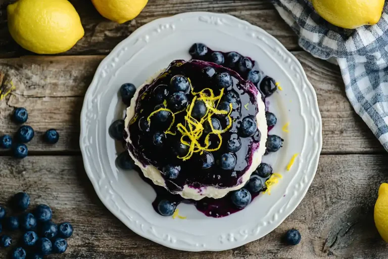 A whole blueberry lemon cheesecake garnished with fresh blueberries and lemon zest on a white plate, surrounded by lemons and blueberries.