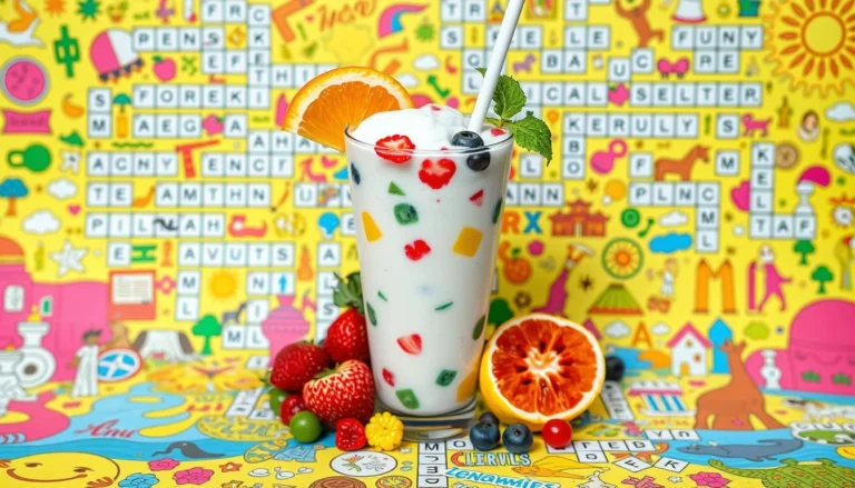 Vibrant yogurt drink with fruit chunks, mint, and orange garnish on a colorful crossword puzzle background with fresh fruits nearby.