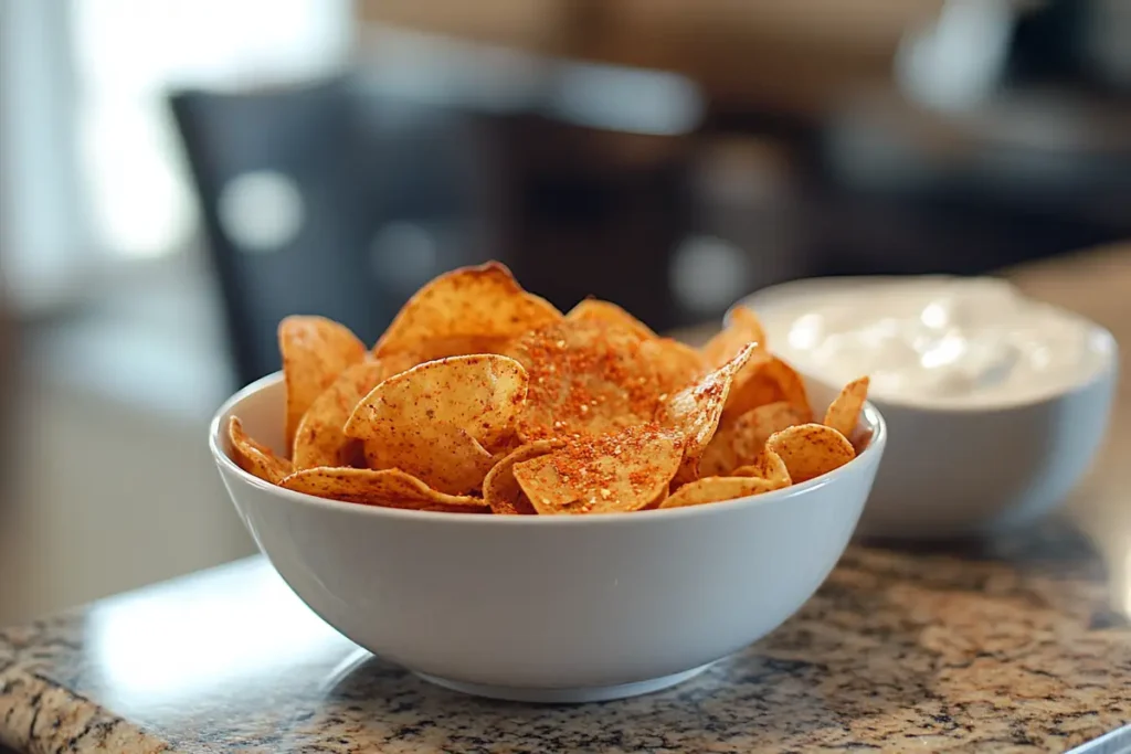 A bowl of freshly baked homemade spicy chips garnished with chili flakes, served with a creamy dip on a granite countertop.