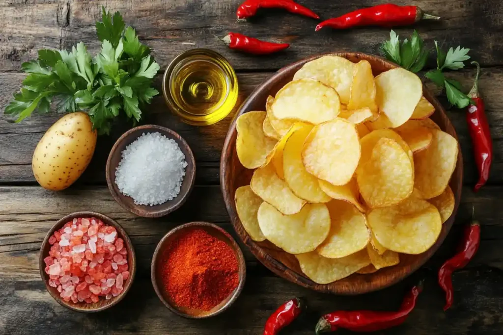 A rustic display of ingredients for homemade spicy chips, including potatoes, Himalayan pink salt, paprika, chili peppers, olive oil, and parsley.