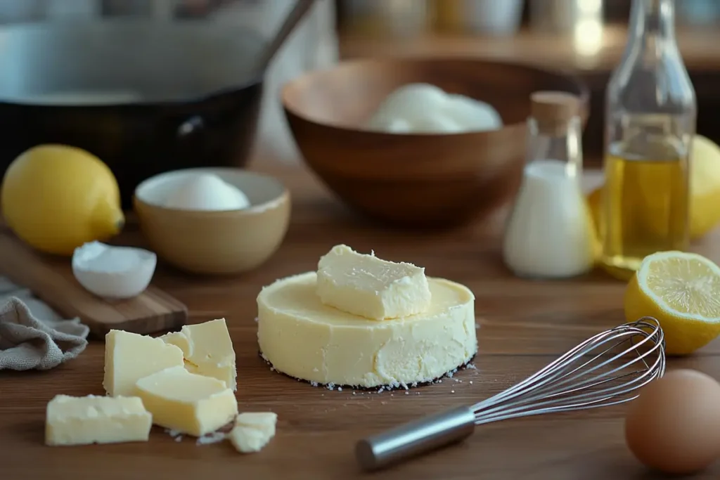 Cheesecake ingredients including cream cheese, eggs, sugar, gelatin, and vanilla extract on a rustic kitchen countertop.