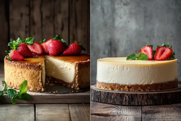 Baked cheesecake with a caramelized crust and set cheesecake with a smooth, fluffy texture on a wooden table.