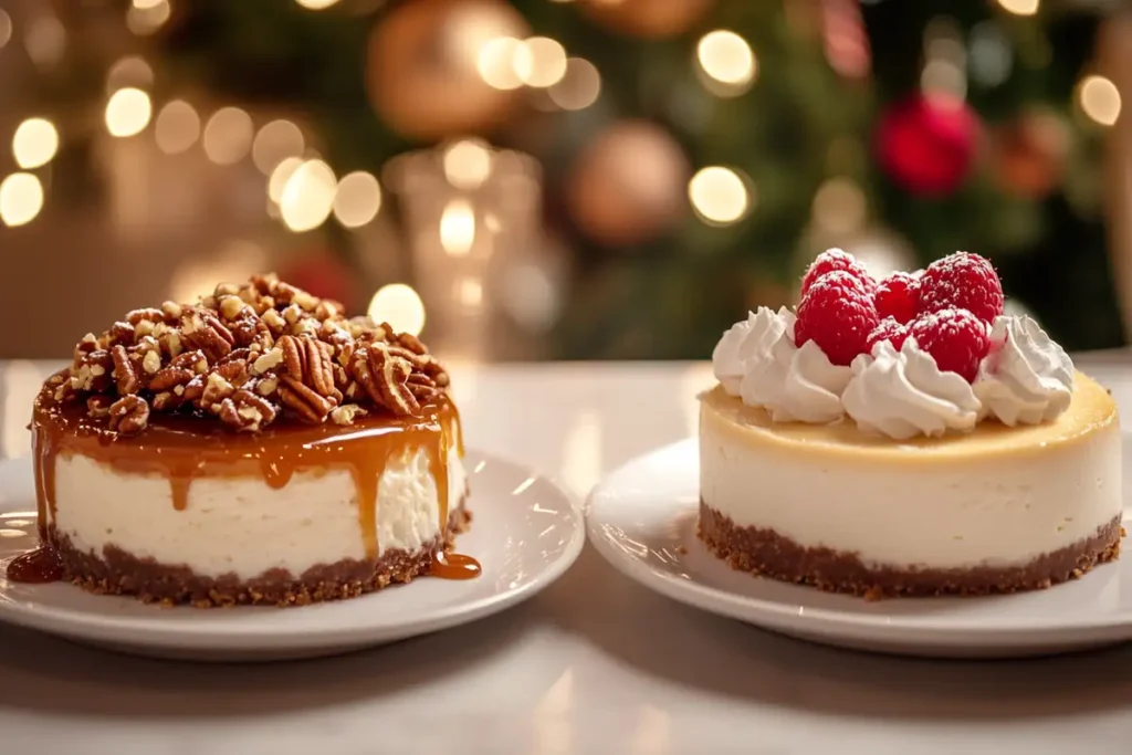 Baked cheesecake with caramel sauce and pecans next to set cheesecake with whipped cream and raspberries.