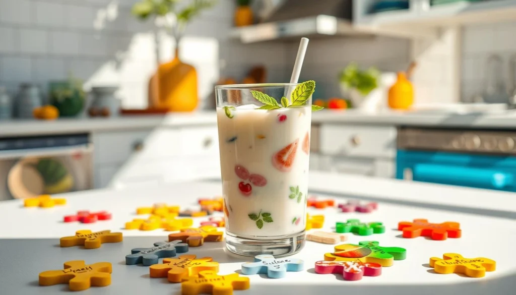 Glass of cold yogurt drink with fruit pieces and mint garnish surrounded by colorful crossword puzzle pieces in a sunny kitchen.