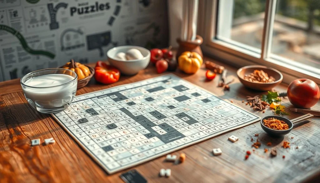 Rustic tabletop with a crossword puzzle, a bowl of yogurt, fresh tomatoes, spices, and natural sunlight through a window.