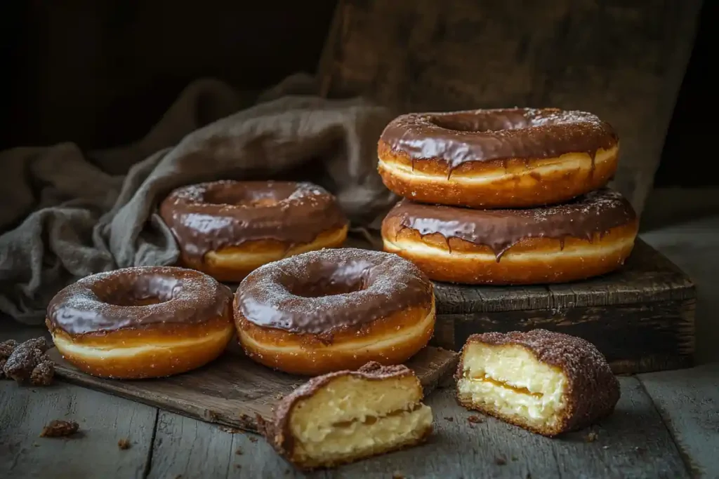 A collection of Boston cream treats, including both donuts and the cake/pie version, laid out on a wooden surface.