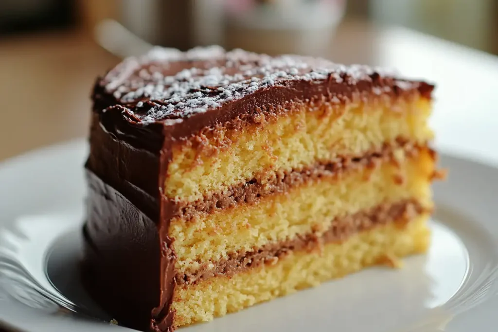 What Does Boston Cream Have In It? A delicious slice of Boston cream cake, showing layers of cake, custard filling, and chocolate frosting.