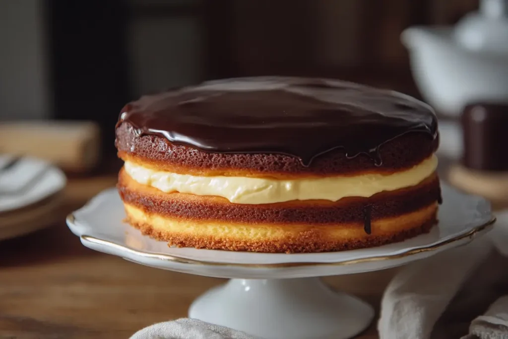 Boston cream pie with chocolate glaze and pastry cream