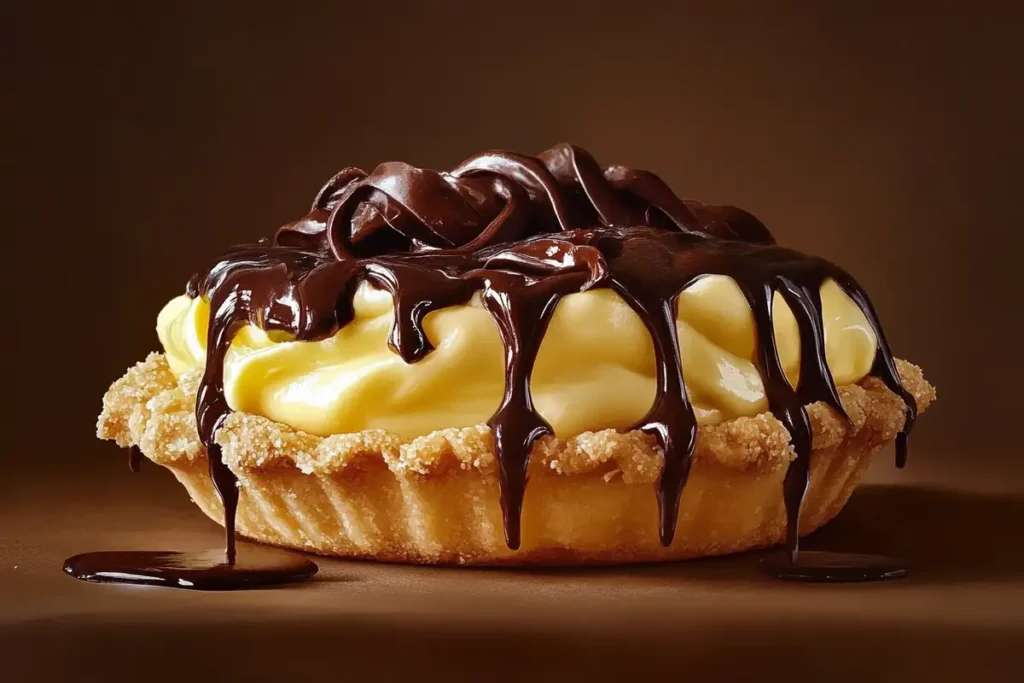 A full Boston cream pie with golden crust, custard filling, and chocolate drizzle on top.