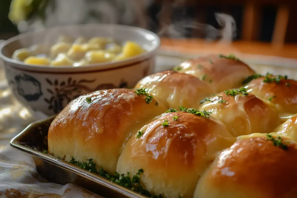 What goes well with potato soup ?Buttery dinner rolls paired with potato soup.