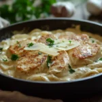 Garlic Parmesan Chicken Pasta in a Skillet.