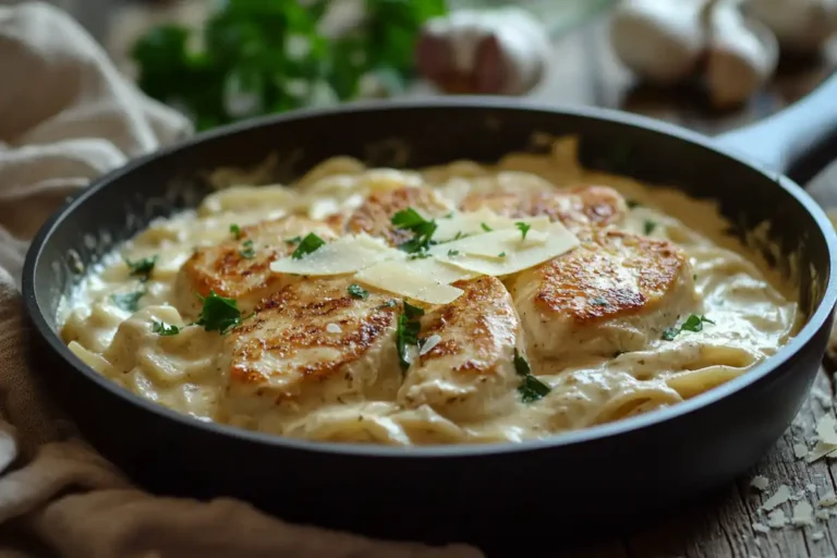 Garlic Parmesan Chicken Pasta in a Skillet.