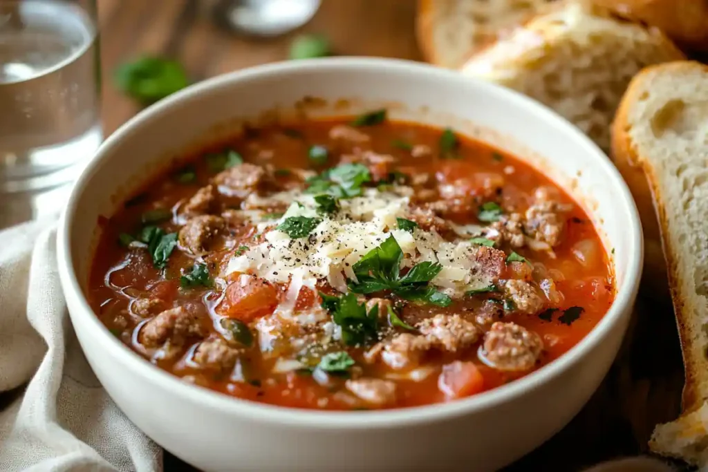 Creamy Parmesan Italian Sausage Soup served with wine and bread.