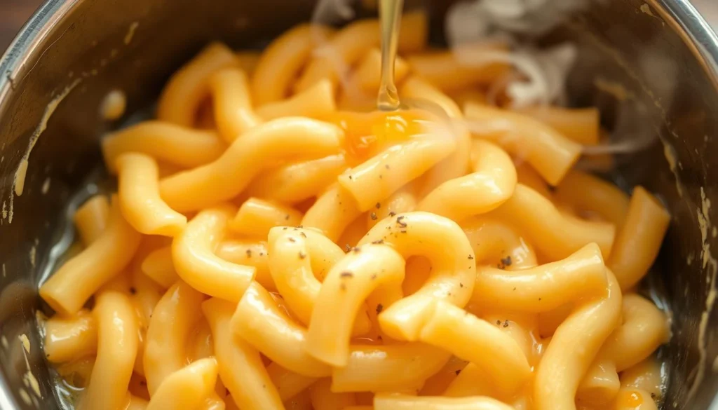 Golden macaroni being drizzled with melted cheese sauce in a stainless steel bowl.