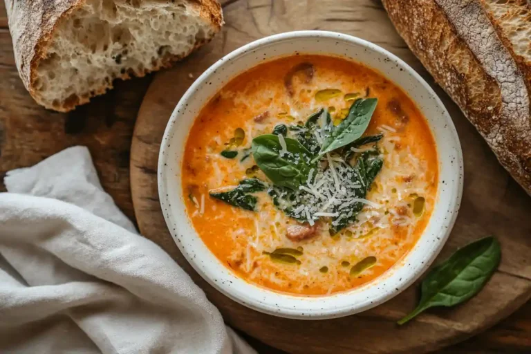 Creamy Parmesan Italian Sausage Soup served with bread.