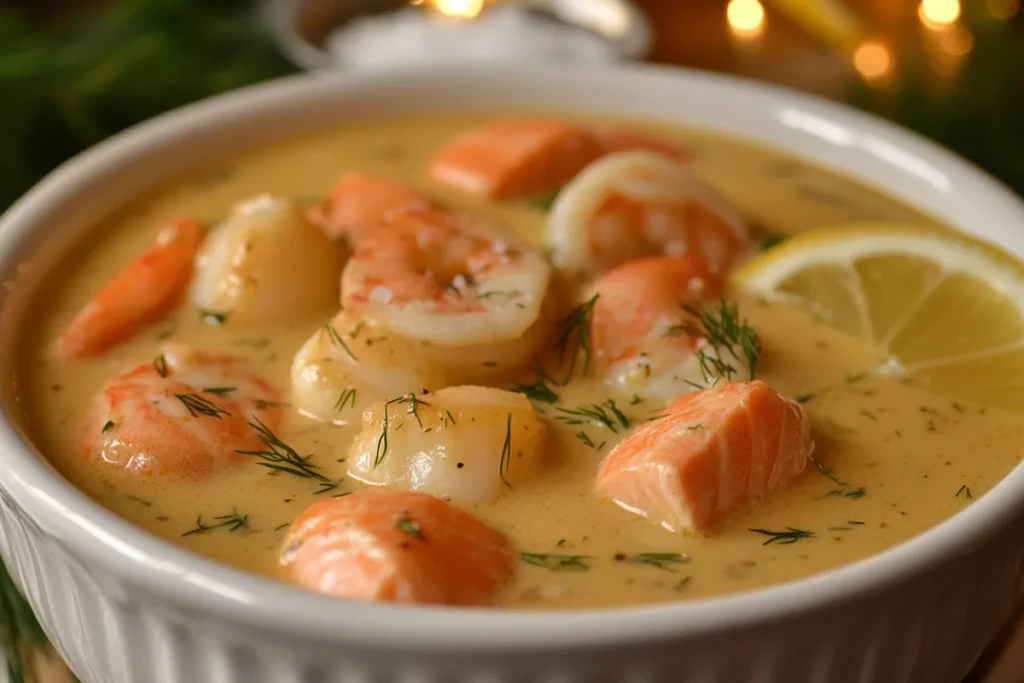 Creamy seafood soup with salmon and shrimp for carnivore diet.