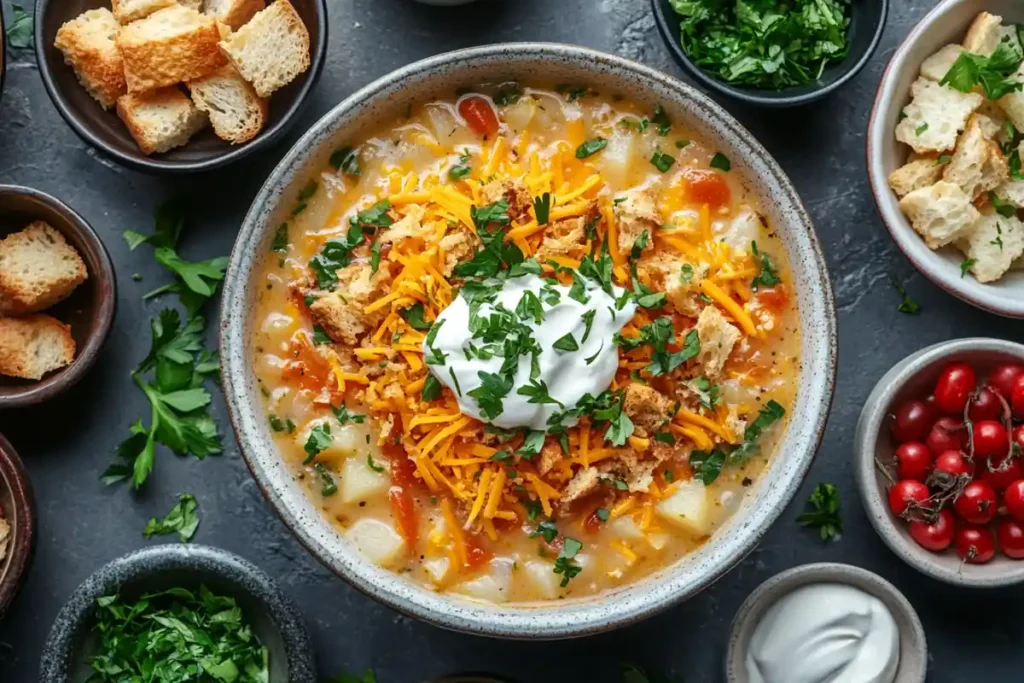 Potato soup with toppings like cheese, croutons, and herbs.