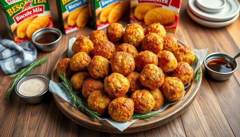 Golden-brown sausage balls with dipping sauces and fresh rosemary