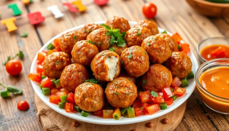 A plate of golden Rotel cream cheese sausage balls garnished with fresh herbs