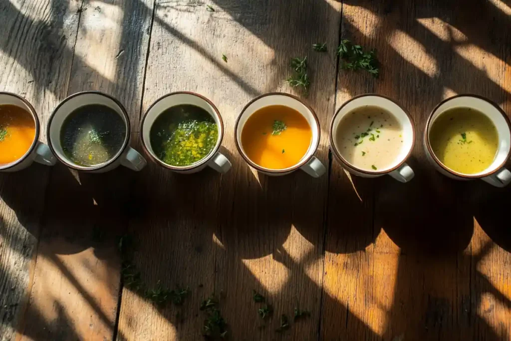 A variety of different soups in different soup cups, illustrating variations in serving sizes and how much soup in a cup.