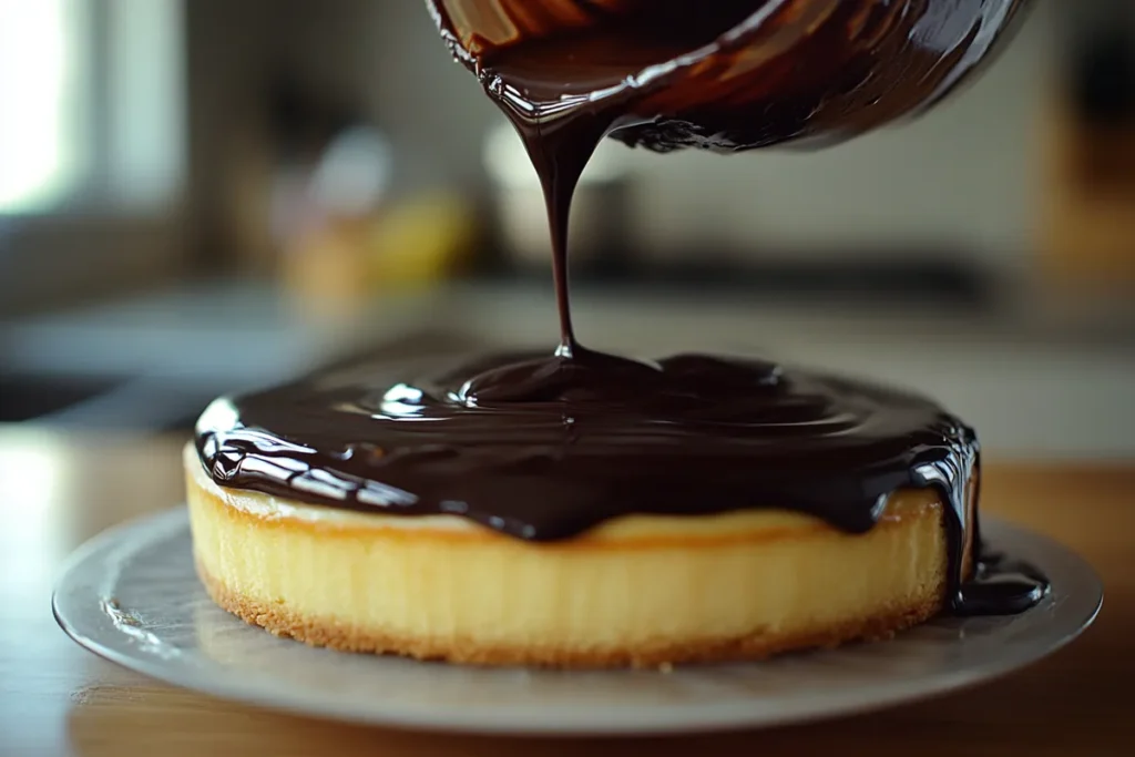 Pouring chocolate ganache over a Boston Cream Cake.