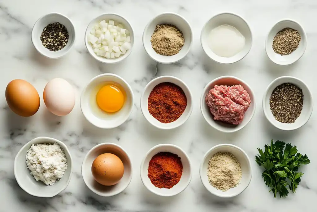 Fresh ingredients for Ryan's Meatloaf Recipe on a marble countertop.